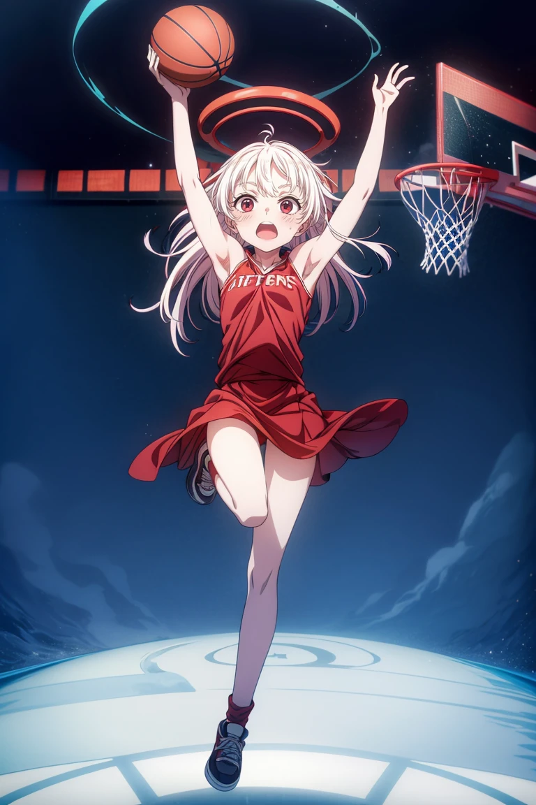 A creature taken from children's nightmares. dunking：2，fullbody，in motion，female body, shark teeth, bright halo on head, red eyes，basketball court：2