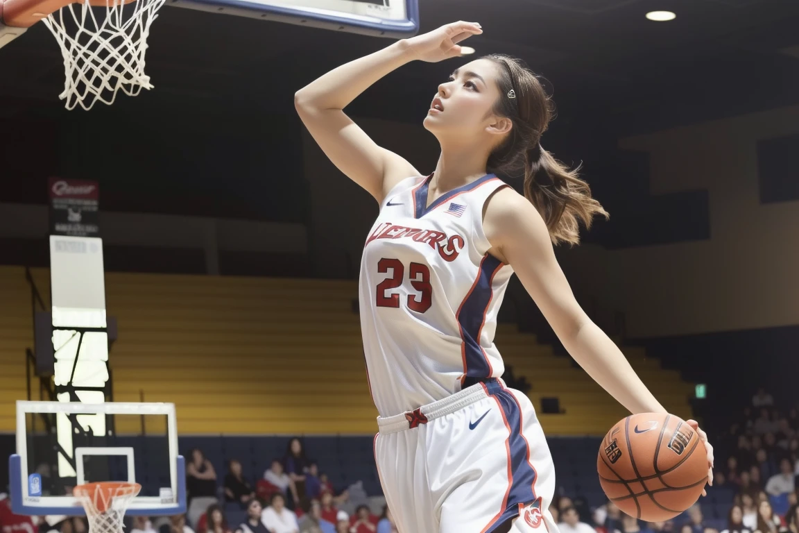 ((Masterpiece, top quality, high resolution)), ((highly detailed CG unified 8K wallpaper)), (huge stunning goddess shot, very hot and sexy, jaw-dropping beauty, perfect proportions, beautiful body, slim body beauty:1.3), Women's basketball player makes a powerful dunk shot, Game-Winning Dunk,