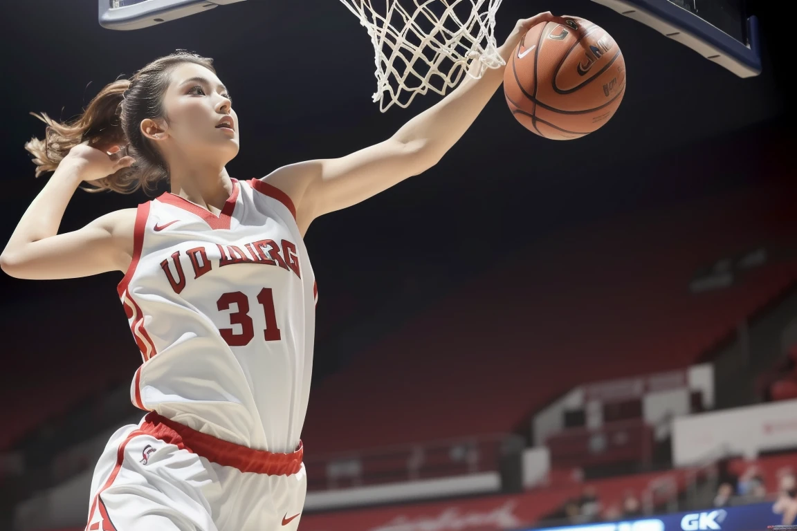 ((Masterpiece, top quality, high resolution)), ((highly detailed CG unified 8K wallpaper)), (huge stunning goddess shot, very hot and sexy, jaw-dropping beauty, perfect proportions, beautiful body, slim body beauty:1.3), Women's basketball player makes a powerful dunk shot, Game-Winning Dunk,