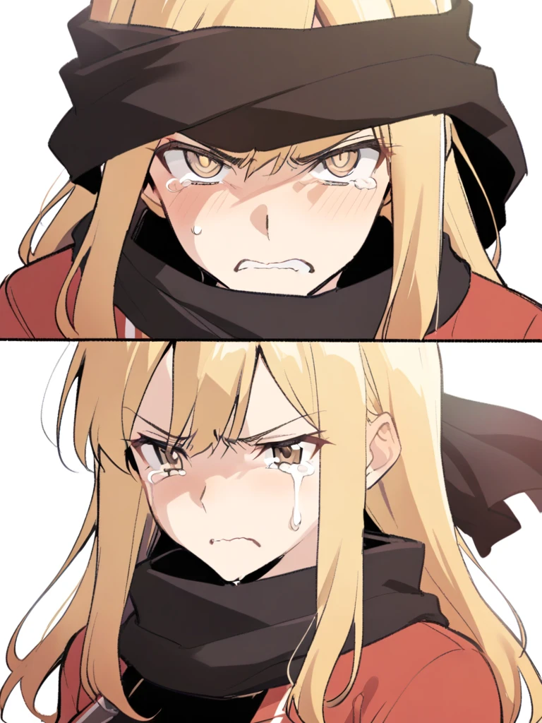 {{Upper part of the body}} {{Artist: sincos}} mature woman, Straight hair, wide, with black and blonde highlights, light brown eyes, black ninja scarf, Red jacket, tight black t-shirt, Gloves without fingers, with tears in the eyes, crying, serious expression
