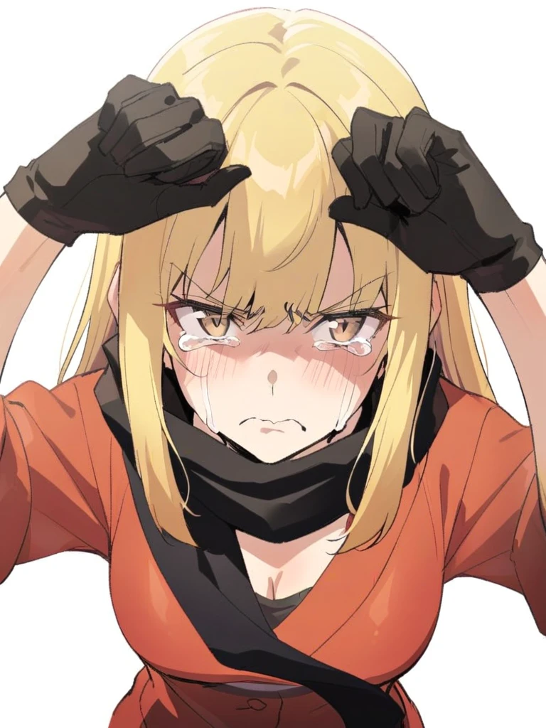 {{Upper part of the body}} {{Artist: sincos}} mature woman, Straight hair, wide, with black and blonde highlights, light brown eyes, black ninja scarf, Red jacket, tight black t-shirt, Gloves without fingers, with tears in the eyes, crying, serious expression, annoyed