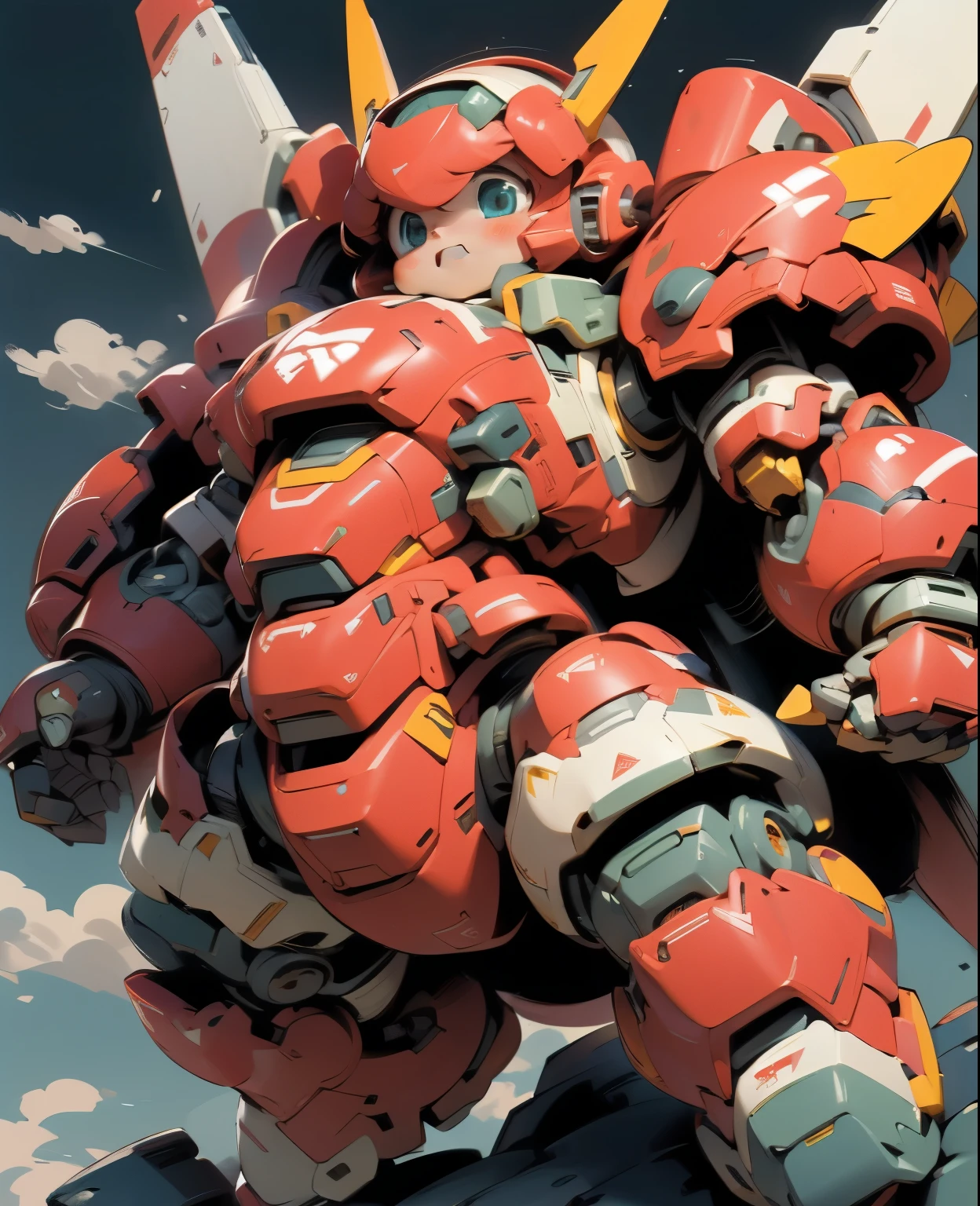 (((1 chibi girl in large red-colored robot costume, from below))), (holding weapons), (((helmet:1.5))), (((looking down:1.4))), ssmile, (chibi), (bulky:1.5), large cute face, mechanical parts, ((mechanical wings)), (full armor:1.8), (mecha armor:1.8), (shoulder guards:1.2),(huger arms), ((mechanical arms:1.5)), (short legs), (huger body:1.8), (heavy equipment:1.6), (from below), (headgear), blue sky, white clouds, robot joints, becoming a mecha, mecha, (RARS), (HRS), ROBOTANIMESTYLE, BJ_Cute_Mech,cute, girl
BREAK
((masterpiece)), vibrant colors, 8k, best quality, ultra detailed illustration, ((best quality)), ((high resolution)), flawless skin textures, shiny oiled skin, extremely detailed anime eyes , extreme light and shadow,