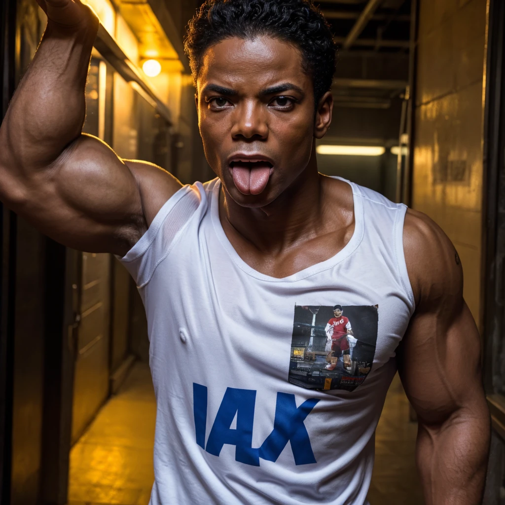 michael jackson, 1 man, muscular body, tongue sticking out, white t-shirt, gooner text on shirt, genitalia visible, ahegao face, spit on tongue, muscular pecs, (best quality,4k,8k,highres,masterpiece:1.2),ultra-detailed,(realistic,photorealistic,photo-realistic:1.37),hyper detailed facial features,highly detailed skin textures,dramatic lighting,cinematic composition,vibrant colors,gritty urban setting