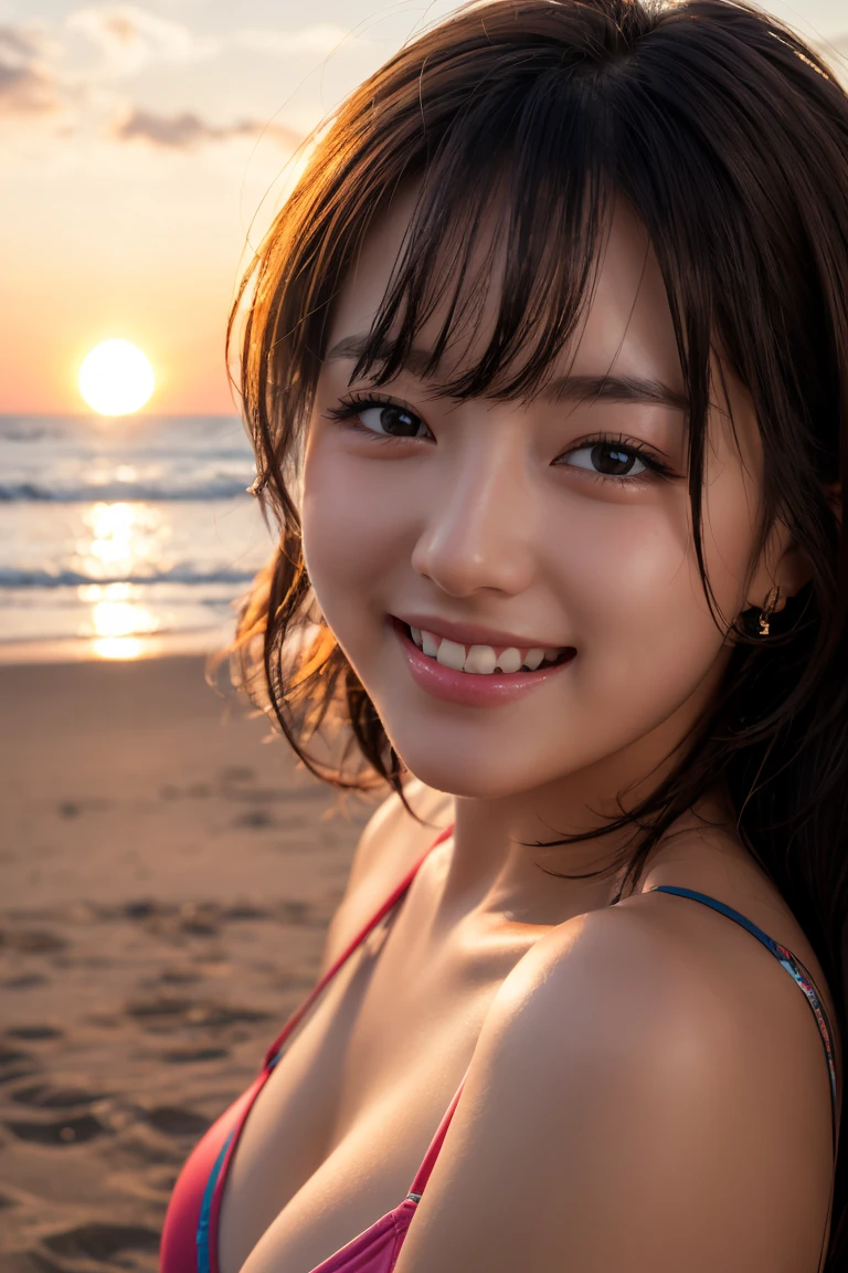 beach, sunset, soft lighting, closeup portrait photo of a cute idol in a swimsuit, playful pose, smiling, vibrant colors, photorealistic, high detail