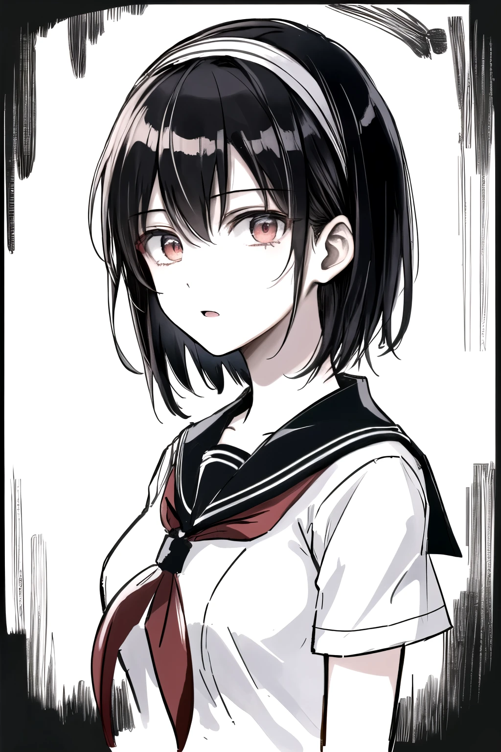((Masterpiece)),((High quality)),((High resolution)),((Extremely accurate and detailed representation of the human body)), An 18-year-old girl. Japanese. Wears a short-sleeved sailor uniform. Short hair. Hairband. Has a mysterious and enigmatic aura with elements of horror.
