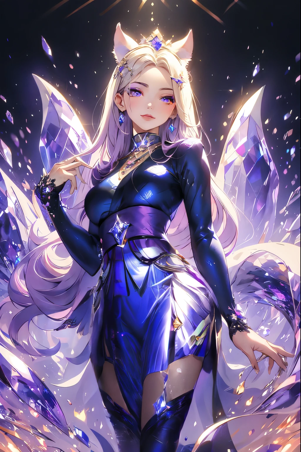 ((best quality)), ((masterpiece)), (detailed), detailed eyes, detailed hands, full-length body image, female humanoid kitsune, wearing a short kimono, crystal crown on top of her head, light purple hair, light purple fox ears, 2 purple crystal fox tails, 1 crystal eight-pointed star shape on forehead, delicate and beautiful detailing, beautiful face, well-proportioned detailed purple eyes, round detailed purple eyes and makeup, beautiful detailed and clear purple eyes, volume smooth and sharp, long flat bangs, fictional art, best photos, best quality, very beautiful and meticulous eight-pointed crystal star on forehead, delicate, mouth closed smile, not fully smiling