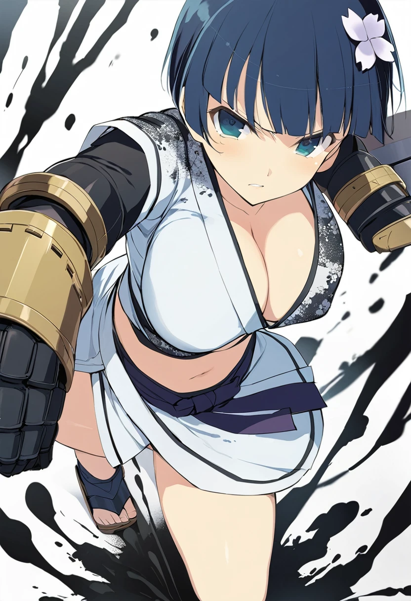 masterpiece, best quality, 
yozakura (senran kagura), 1girl, breasts, solo, short hair, blue hair, blue eyes, large breasts, hair ornament, hair flower, 
gauntlets, flower, japanese clothes, navel, midriff, bare legs, cleavage, emblem, 
pov, white background, fighting stance, serious, looking at viewer, pov, from above, ink splashing, 