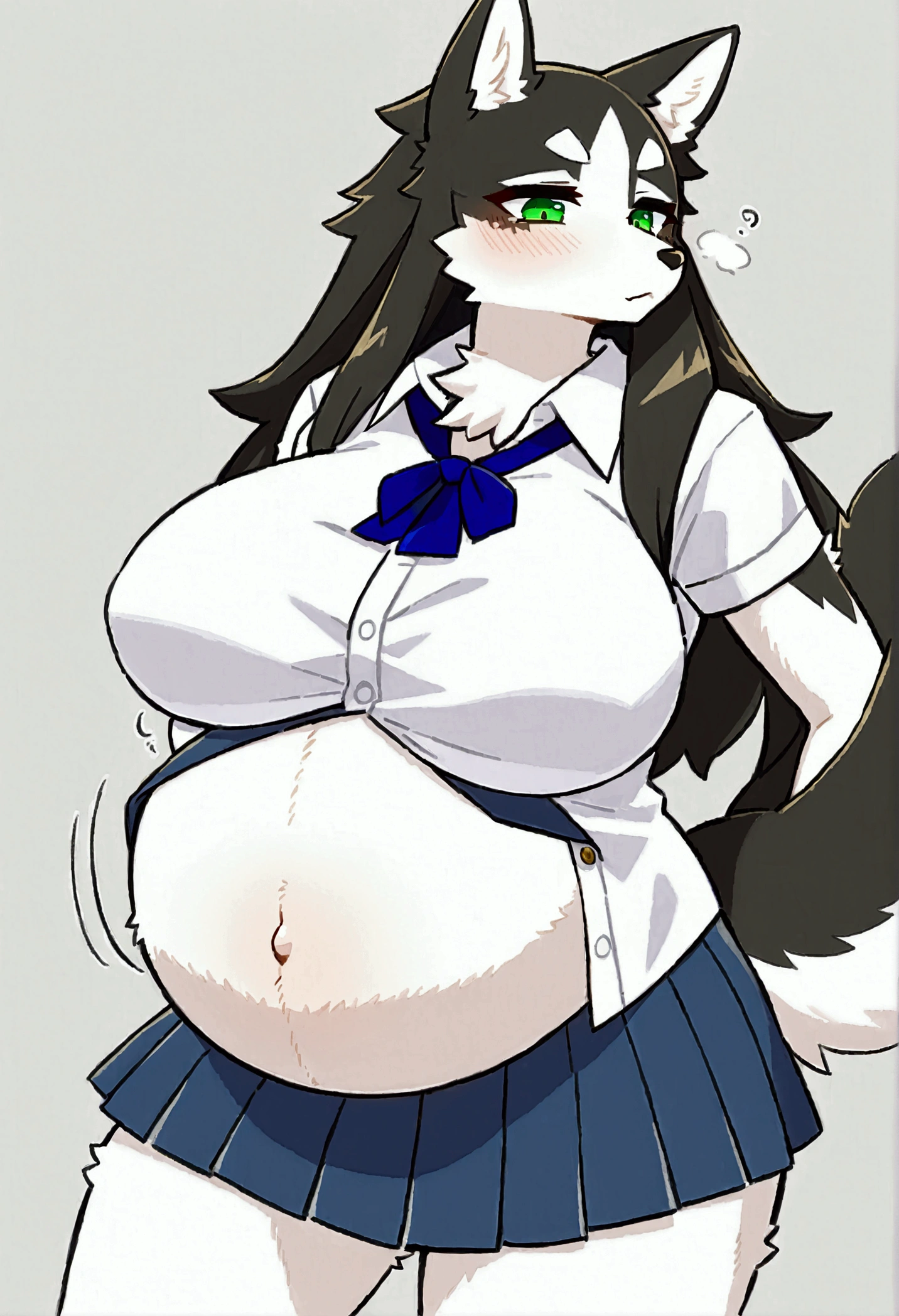 top quality, best quality, by yamame513, High-quality illustrations, masterpiece)(kemono, furry anthro), round, 1 female, malamute husky, model body, furs, fluffy, tail, big breasts, perfect eyes, green eyes, school clothes, body movement, body twitching, pregnant