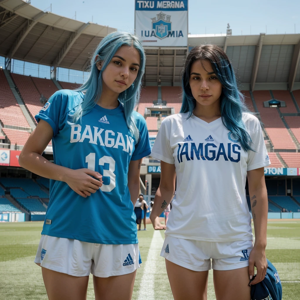 A white girl with blue hair ,in a football stadium, backwards ,with the Argentine t-shirt that says Luciana, next to a boy with tan skin, pelo negro backwards con la camiseta de Argentina que diga branko