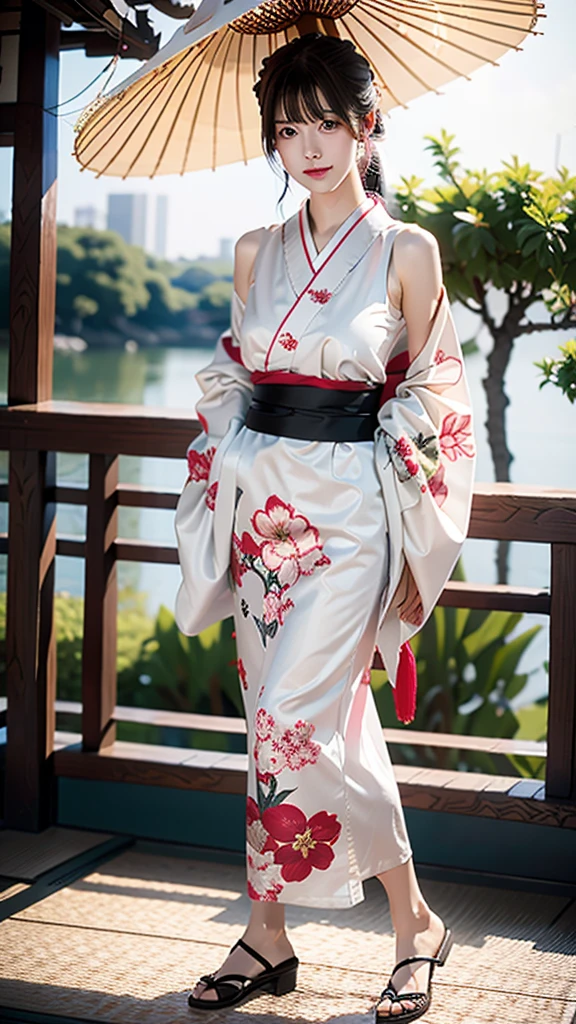 best quality, masterpiece, ultra high resolution, (realistic:1.4), RAW photos ,pale skin,beauty、kimono、kimono、beautiful faces、slim、laugh、whole body、Oiran、show me your shoulders、standing, Lift one leg, Oiran, japanese clothes,beautiful bridge, japanese red umbrella,