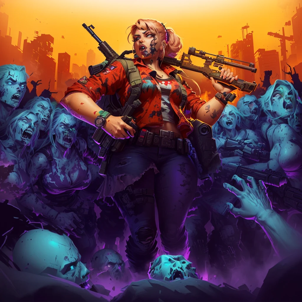a cartoon image of a woman with a gun and a bunch of zombies, epic digital art illustration, background artwork, horde of zombies, character art the contra, epic video game art, epic full color illustration, epic game portrait, game illustration, epic portrait illustration, game art, detailed game art illustration, mobile game art, desolate with zombies, detailed game art
