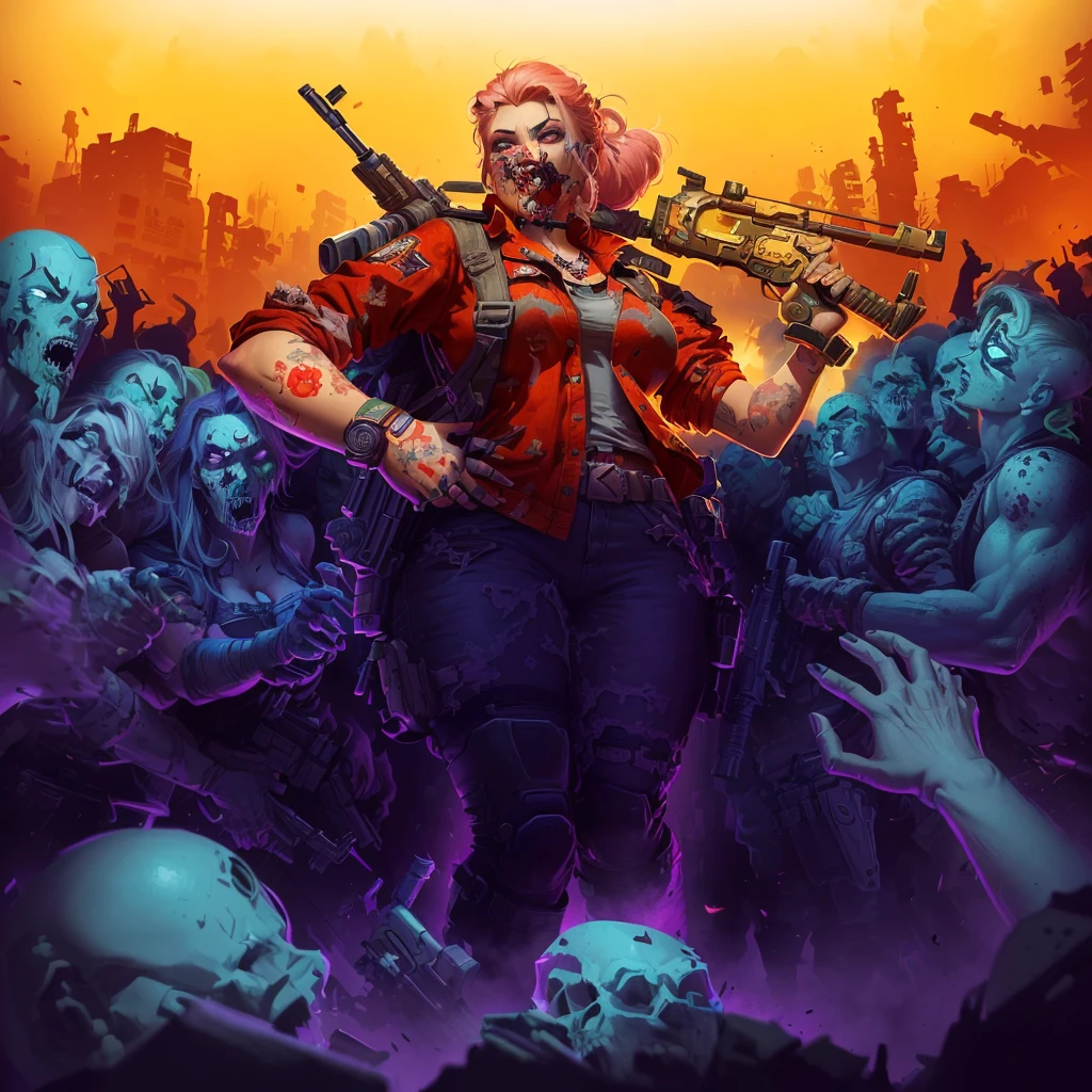 a cartoon image of a woman with a gun and a bunch of zombies, epic digital art illustration, background artwork, horde of zombies, character art the contra, epic video game art, epic full color illustration, epic game portrait, game illustration, epic portrait illustration, game art, detailed game art illustration, mobile game art, desolate with zombies, detailed game art