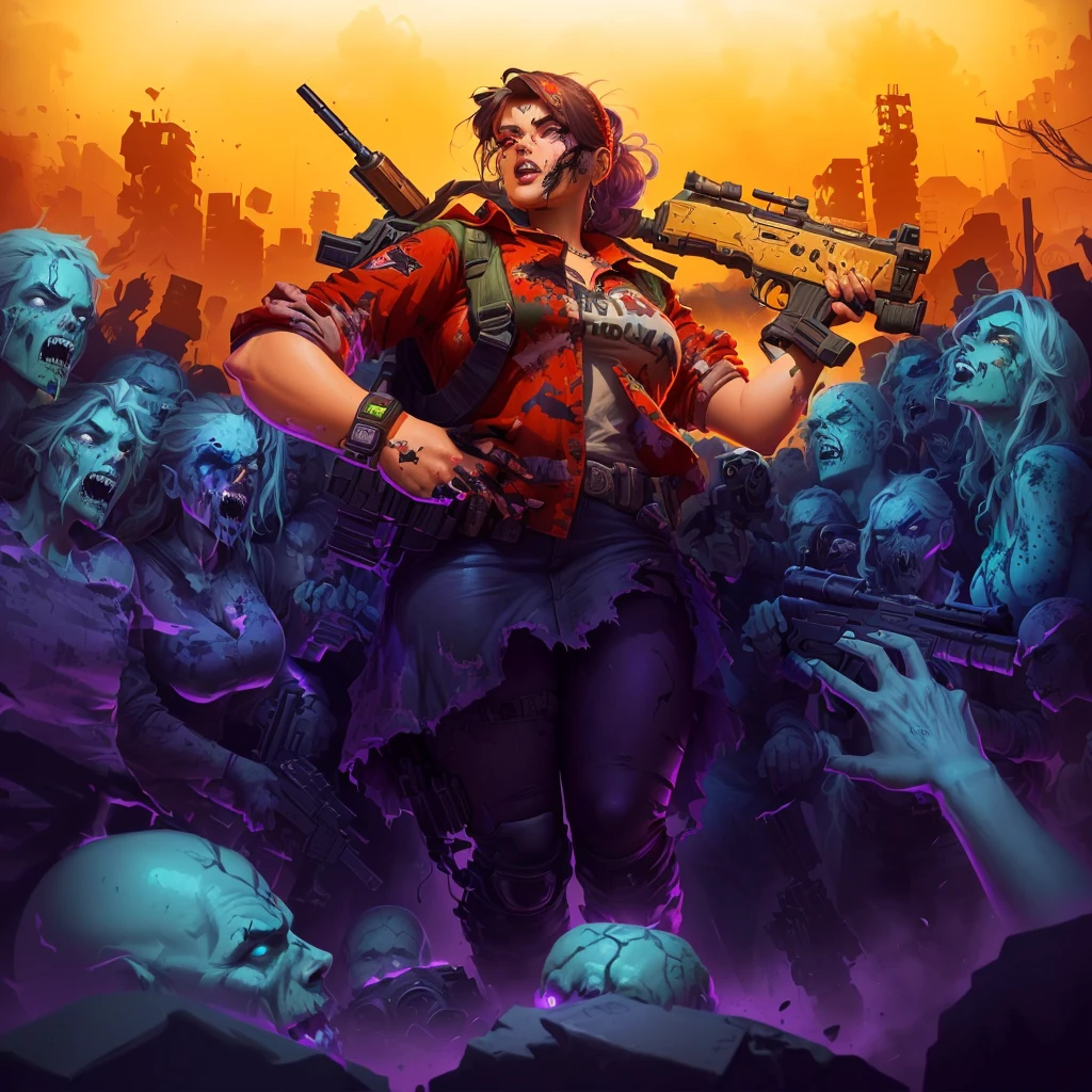a cartoon image of a woman with a gun and a bunch of zombies, epic digital art illustration, background artwork, horde of zombies, character art the contra, epic video game art, epic full color illustration, epic game portrait, game illustration, epic portrait illustration, game art, detailed game art illustration, mobile game art, desolate with zombies, detailed game art