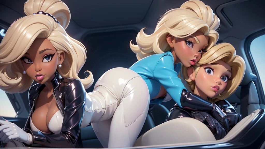 obra prima, melhor qualidade, ((two women,)) ((barbara eden, dark brown skin, platinum blonde 70s style hair, puffy duck lips, shiny pearl lipstick,)) head back, ((sexy sultry wicked look, open mouth, pucker mouth,)) ((wearing shiny cerulean blue pvc biker blazer,)) ((jacket is unzipped and wide open, small breasts, nip slip,)) jacket has padded puff shoulders, shiny leather gloves, ((shiny cream white micro mini pvc skirt,)) body is skinny, shiny tight buttocks, ((in back seat of luxury convertible, sexy tongue kissing, hands over crotch,)) (camera view of whole body,) looking up at me, shallow depth of field, highres, HD, 8k, anatomically correct