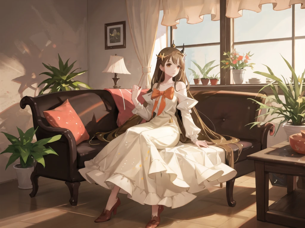 (masterpiece, Highest quality:1.2), Very detailed, Soft indirect lighting, Sharp focus, 4K, Break 1 Girl, , alone, jasmine \(Pokemon\), Princess Dress, White jacket, Round orange ribbon, Brown eyes,living room, sofa, window, curtain, Speckled sunlight, Potted plants, table, cupboard,Bookshelf, paper, Desk lamp, Typewriter, garden, An angle looking at everyday scenery from afar