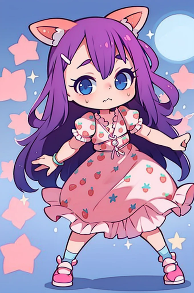 1 girl, tiny, toddler, pink hair, purple star hairclip, orange fox ears, light skin, blue eyes, sparkle in eyes, purple pacifier, wearing strawberry pattern dress, blue marry jane shoes, Kandy bracelets, pink nail polish, holding a fox stuffed animal,