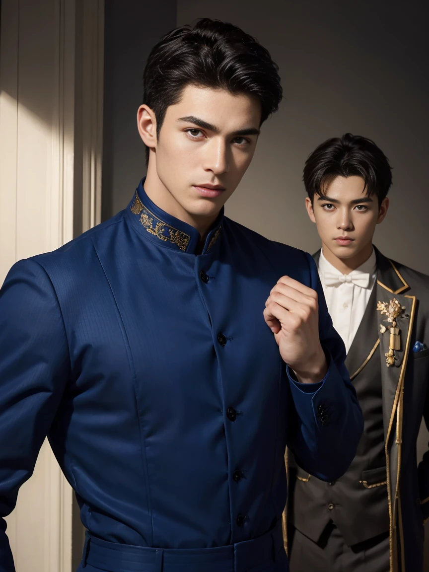 ((masterpiece)),((best quality)),8K,high detail,Very detailed, Very manly,3 men, like,fashion pose, Realistic skin texture, Light,
Royal blue style couple,Perfect hand details