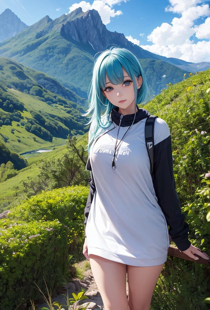 1 girl, mountain, valley, blue sky, green hair, upper body, yellow eyes