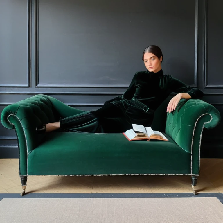 en train de lire sur un canapé en velours verts. elle est en tenue noir et blanche