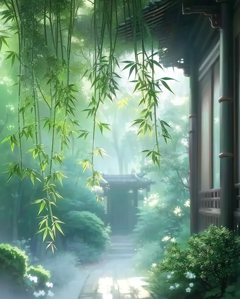 There is a small bench under a tree in the garden, Quiet and peaceful atmosphere, Anime Nature Wallpaper, Amazing wallpapers, Nature Wallpapers, Wallpaper HD beautiful, Beautiful background, Bamboo's, High quality wallpaper, In the bamboo forest, Chinese painting style, Anime Background Art, Misty Japanese bamboo forest, Anime beautiful peaceful scene, by Li Mei-shu, Beautiful anime scene