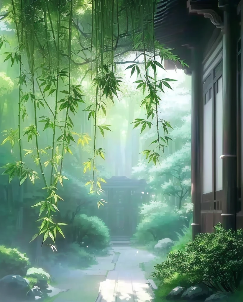 There is a small bench under a tree in the garden, Quiet and peaceful atmosphere, Anime Nature Wallpaper, Amazing wallpapers, Nature Wallpapers, Wallpaper HD beautiful, Beautiful background, Bamboo's, High quality wallpaper, In the bamboo forest, Chinese painting style, Anime Background Art, Misty Japanese bamboo forest, Anime beautiful peaceful scene, by Li Mei-shu, Beautiful anime scene