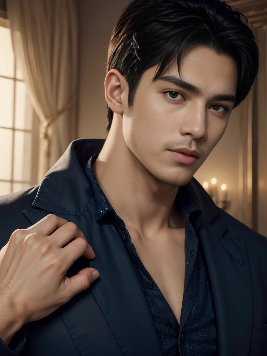 ((masterpiece)),((best quality)),8K,high detail,Very detailed, Very manly,3 men, like,fashion pose, Realistic skin texture, Light,
Royal blue style couple,Perfect hand details