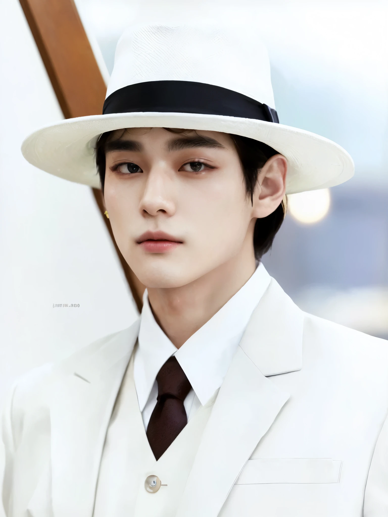 there is a man wearing a white suit and a hat, taehyung kim, kim taehyung, hyung tae, he looks very sophisticated, beautiful androgynous prince, white suit and hat, very handsome, extremely handsome, handsome, handsome man, sfw, official photos, handsome prince, taehyung eating Gucci fries