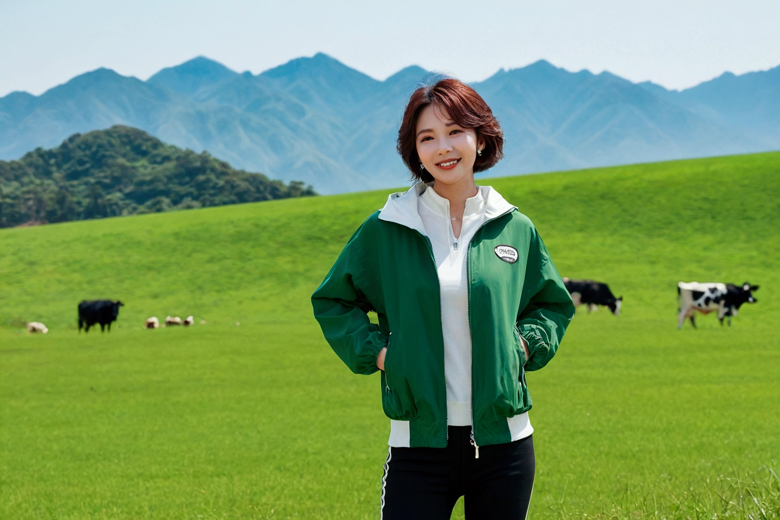 high quality, 1 woman, ((36 years old 건강한 한국 여성)), ((36 years old)), 1 woman, short, The eyes are big and beautiful. ((slim)), ((short medium hair)), laugh. pose: standing, Luxury brand windbreaker jacket, casual pants, background: 1 woman, California, pasture, Cow, grass, Upper body shot with 35-70 lens, look up to the side