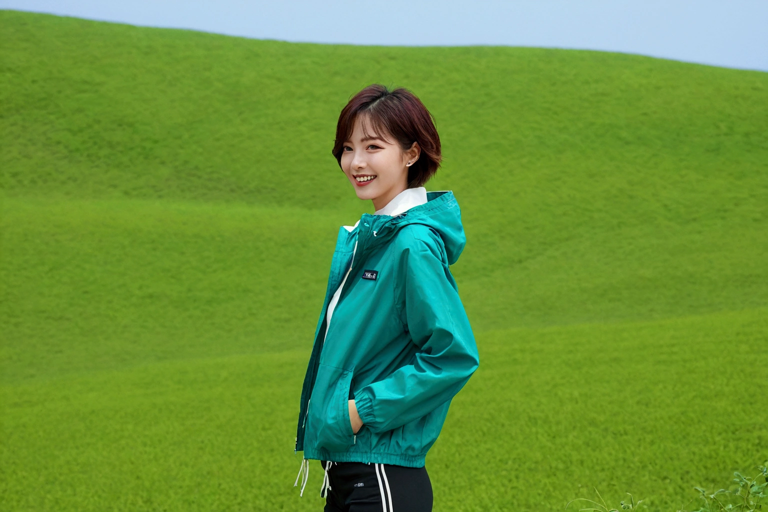 high quality, 1 woman, ((36 years old 건강한 한국 여성)), ((36 years old)), 1 woman, short, The eyes are big and beautiful. ((slim)), ((short medium hair)), laugh. pose: standing, Luxury brand windbreaker jacket, casual pants, background: 1 woman, California, pasture, Cow, grass, Upper body shot with 35-70 lens, look up to the side