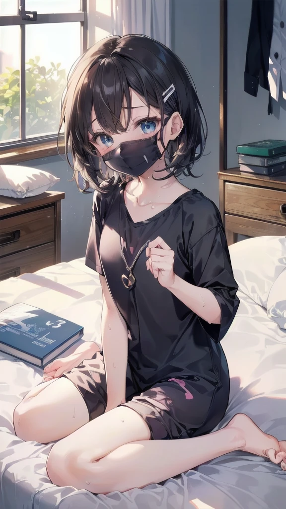 Highest quality, Anime Moe Art Style,Best Anime 8K,pixiv Contest Winner,Perfect Anatomy, (One Girl:1.5), (alone,13 years old:1.8),high school student, short hair, (Straight hair:1.6)，(Mid-chest)，amount, ，Complete limbs, Full Finger,Mid-chest, Between the legs, Small eye,Accurate blue eye,，Hair Clip, break,Very detailed,High resolution,Very detailed肌, Professional Lighting,8K eyeのディテール, (cuteイラスト:1.2), (indoor),(cute女の子&#39;Room:1.4),(modern and sophisticated furniture:1.2),(plush velvet chair and ottoman:1.4),(elegant curtains and window treatments:1.2),(Designer Fashion:1.4),(Instagrammable fashion photo corner:1.2),(unique framed statement mirror:1.4),
(fashion runway style rug:1.2),(Customized closet filled with trendy clothes:1.2)，(gorgeous dressing table:1.2)，(fashion magazine:1.2)，(cuteデコレーション:1.4)，(chic lighting fixtures:1.4),(comfortable and stylish bedding:1.4)，(Empty Heart:1.4)，(Specialized area for fashion accessories:1.3)，(高级饰品:1.2)，(fashion sketch and design book:1.2)，(bed:1.9)，(wariza:1.9)、(barefoot:1.9)，nose blush ，A girl lying in bed with a cold with her head on the pillow, cute, Detail view, Under Art，
1 girl, bangs, bed, blush, Sweat, cold,  eye, White Mouth Mask，pajamas, indoors，Sleeping on your back, pillow, Side Lock, Sleep, It&#39;s a futon, It&#39;s a futon Sleep face to face，片eyeを閉じて, lie on bed