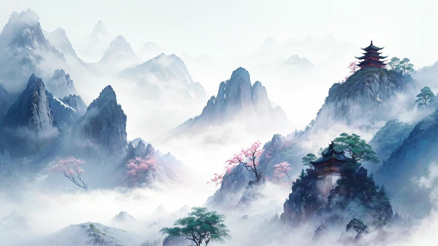 there is a picture of a mountain with a pagoda on top, chinese watercolor style, detailed scenery —width 672, scenery artwork, mist, chinese landscape, background artwork, (mist), misty mountains, chinese painting style, mists, chinese style painting, anime landscape, beautiful art uhd 4 k, background art, by Qu Leilei, by Fan Qi