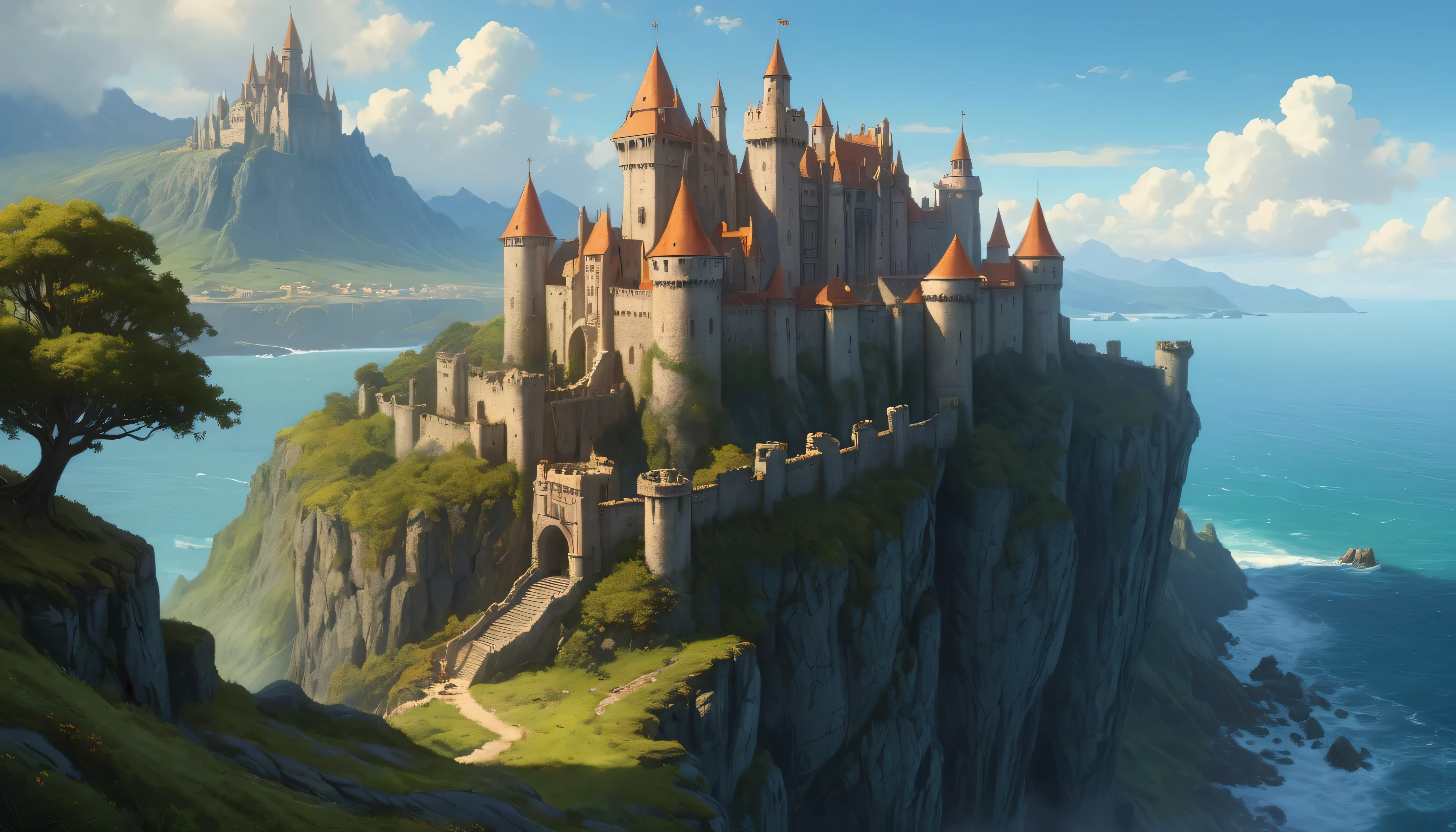 (detailed CG unity 8k wallpaper, masterpiece, best quality, ultra-detailed, HDR:1.2), vibrant colors, intricate, high FXAA, a painting of a castle on a cliff overlooking the ocean, fantasy highly detailed, the style of andreas rocha, andreas rocha style, andreas rocha and john howe, fantasy setting, style of marc simonetti, art style of marc simonetti, highly detailed fantasy art, fantasy scenic, high fantasy castle, style of raphael lacoste