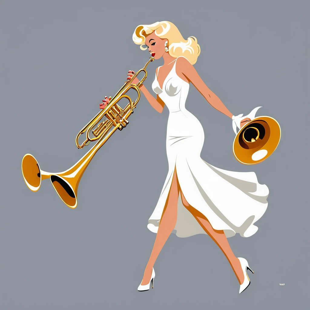 arafed woman in white dress playing a trumpet on grey background, inspired Tex Avery, Retro illustration, trumpet, In the style of digital illustration, Flat Vector Art, jazz, 1950s illustration style, stylized digital illustration, Manga style illustration, Tex Avery, Pinup Poster Girl, Vector style drawing, Vector Art Style, Elegant woman