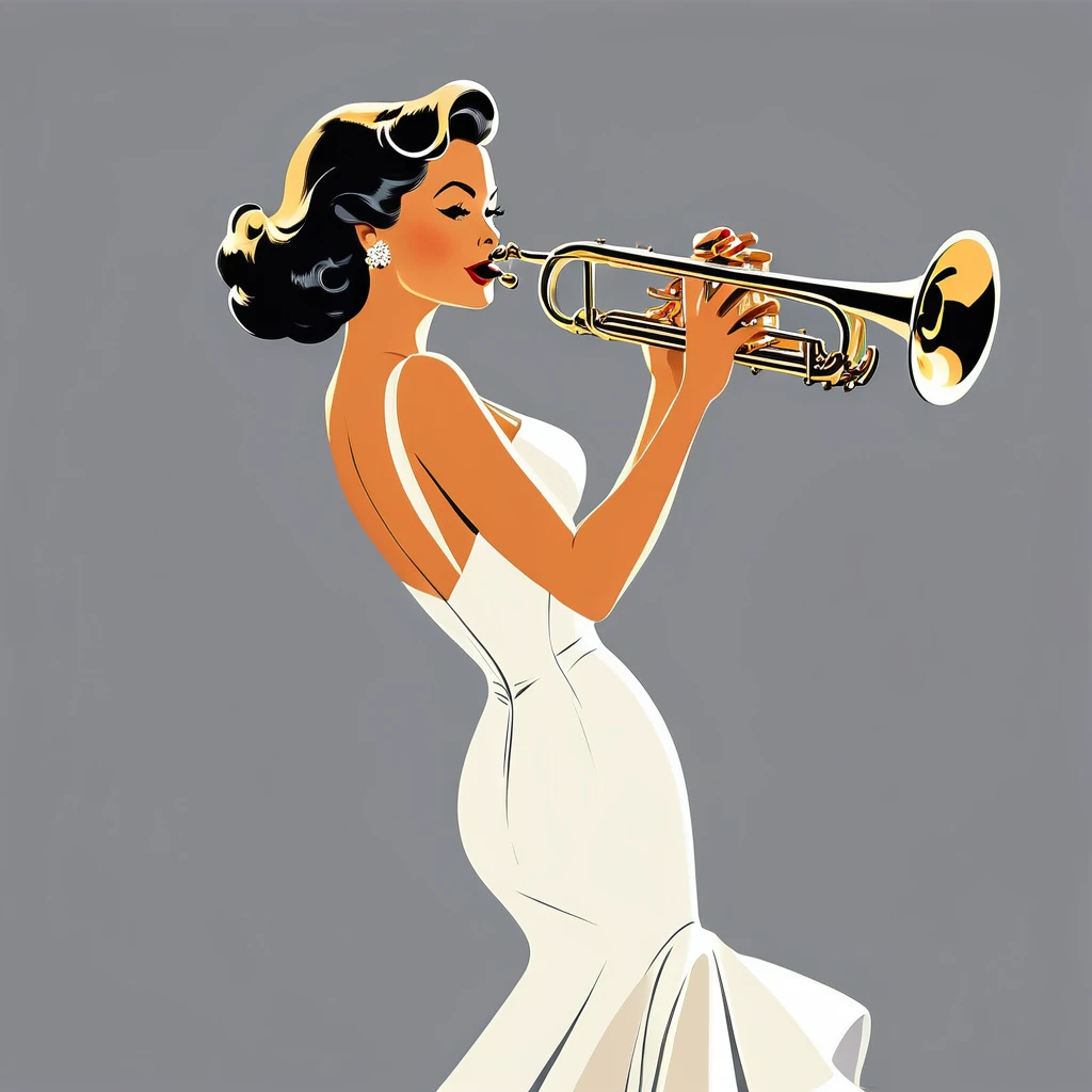 arafed woman in white dress playing a trumpet on grey background, inspired Tex Avery, Retro illustration, trumpet, In the style of digital illustration, Flat Vector Art, jazz, 1950s illustration style, stylized digital illustration, Manga style illustration, Tex Avery, Pinup Poster Girl, Vector style drawing, Vector Art Style, Elegant woman