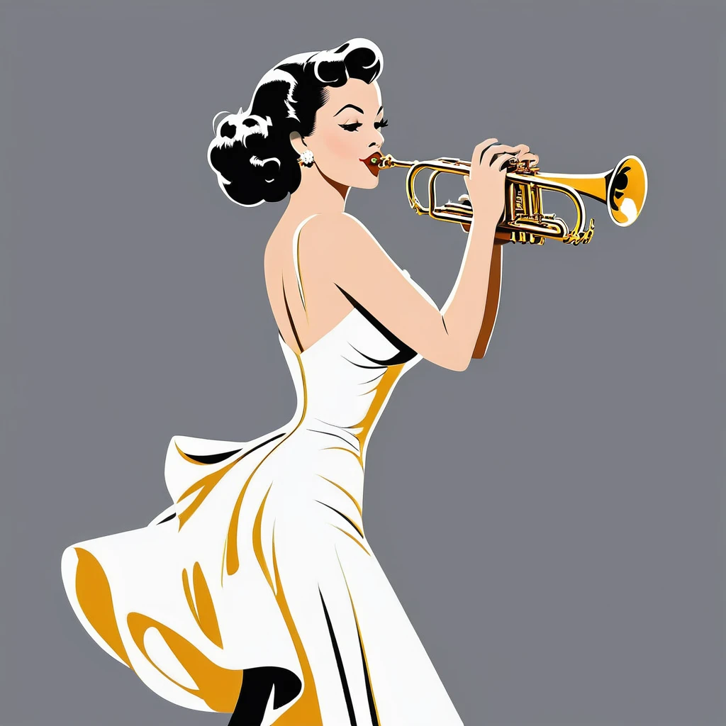 rafed woman in white dress playing a trombone on grey background, inspired Tex Avery, Retro illustration, trombone, In the style of digital illustration, Flat Vector Art, jazz, 1950s illustration style, stylized digital illustration, Manga style illustration, Tex Avery, Pinup Poster Girl, Vector style drawing, Vector Art Style, Elegant woman
