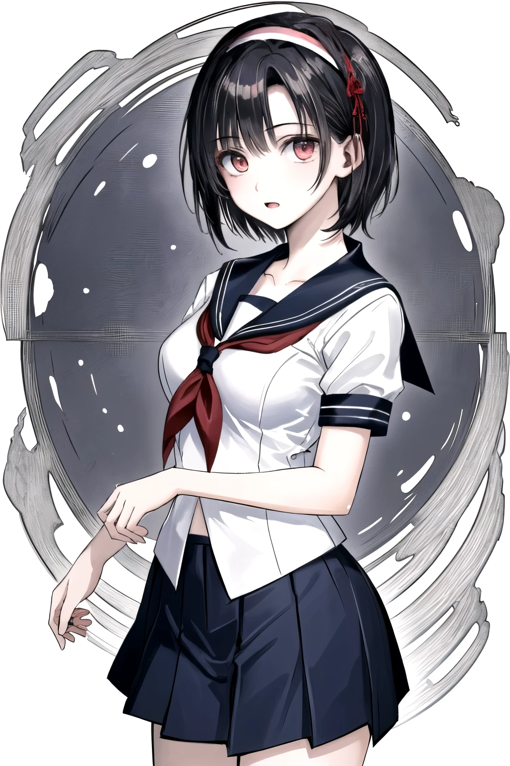 score_9, score_8_superior, score_7_superior, sauce_anime, pinsuperior of 1girl, alone, Aggressive, (close-superior:1.2), eye reflection, Are standing, Expressionless, Contempt, grumpy,frown, (View your viewers,:1.2) stare, Simple Background, Front view, (From below:0.9), Srixy, short hair, Black Hair, Bobcut, Blunt bangs, Purple eyes, Flat Chest, Small breasts, , black serafuku, White sailor collar, Black turtleneck, Red neckerchief,
