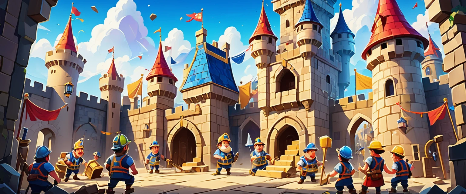 Inside a castle (Masterpiece Best Quality:1.2) Exquisite illustrations with rich details, (Disney related activities) , construction。 There are construction workers building a castle。Clash Royale Style。Detailed background, illustration, bright, rich and colorful,
