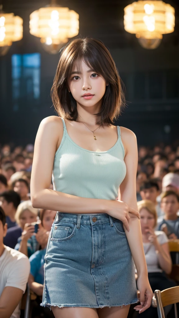 masterpiece、Highest quality、Official Art、Highly Detailed CG Wallpaper in Unity 8K、Tank top、Like a 、Very delicate and beautiful、Ultra-high resolution、（Photorealistic：1.4）、Golden Hour Lighting、（Upper body）、（Platinum Short Hair：1.2）、（Puffy eyes）、Looking at the audience、Facing forward、Detailed face、mini skirt、Walking