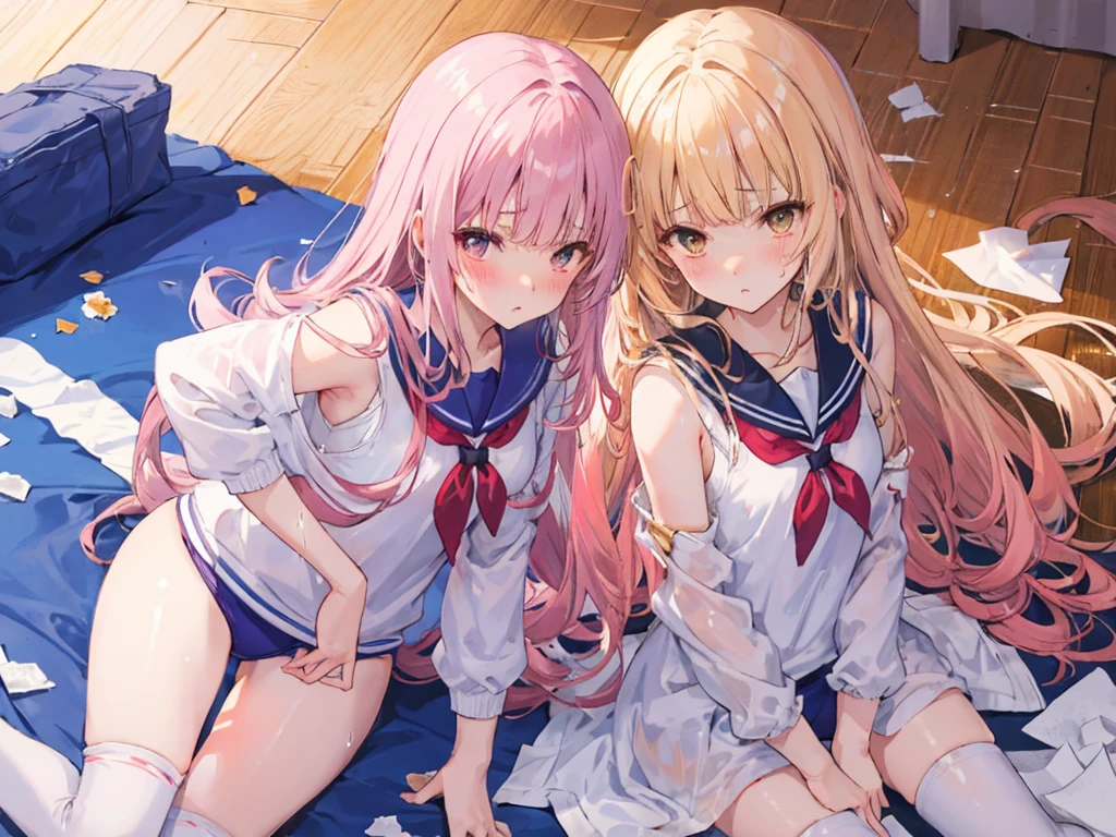 The whole body is covered in oilで光沢感がある　Tissue paper cut into small pieces,　 A small crumpled roll of tissue paper, A small piece of tissue paper that had fallen to the ground, torn apart and crumpled,　Excessive sweating on the face,Sweat dripping down,Sitting on an old bed,　Duvet with a light yellow stain　Old gym mat ,Gymnasium Warehouse,　There are lots of small rolled up tissue papers on the floor. ,　Crumpled garbage is scattered everywhere.,　Very old gym mat, 　 Messy room,　　Dimly lit room　Hardwood Floors　Scattered small rolled tissue papers　Upper body sailor suit, Lower body swimsuit　Inner swimwear　Illustration Style　Anime Style　Small lips　Face of Shame　Embarrassing　beautiful girl　Very cute clothes　Cheeks pink　Light purple hair　Blonde long hair　super curly hair　Super long sideburns　Rubber clothing　hair band　Pearl white silk tights that become transparent when wet　White super long boots　Big eyes　Hanging eyes　Angry　Blushing　Shocking Pink Rouge　Sweating profusely　　A small roll of tissue paper　The whole body is wet from rain　Mucus clings to the whole body　Steam coming out of the whole body　Steam rises across the screen.　White Breath　Haa　The whole body is covered in oil　evening　Overall orange background　Sunset sunshine
