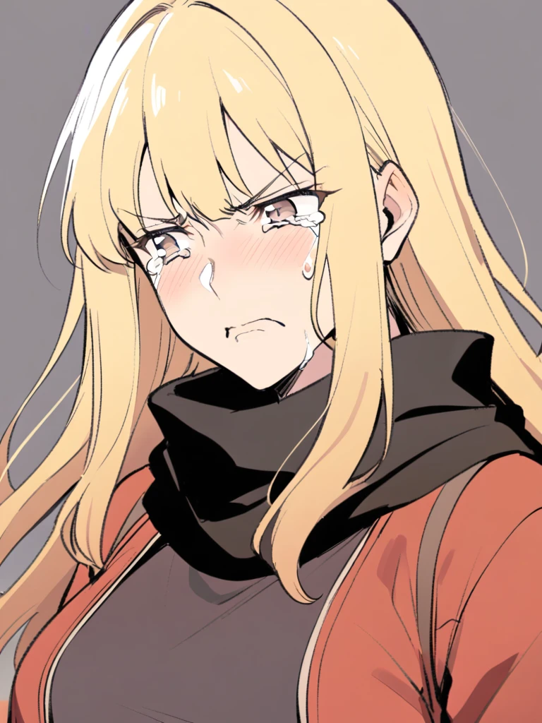{{Upper part of the body}} {{Artist: sincos}} mature woman, Straight hair, wide, with blonde highlights, light brown eyes, black ninja scarf, Red jacket, tight black t-shirt, Gloves without fingers, with tears in the eyes, crying, serious expression, annoyed
