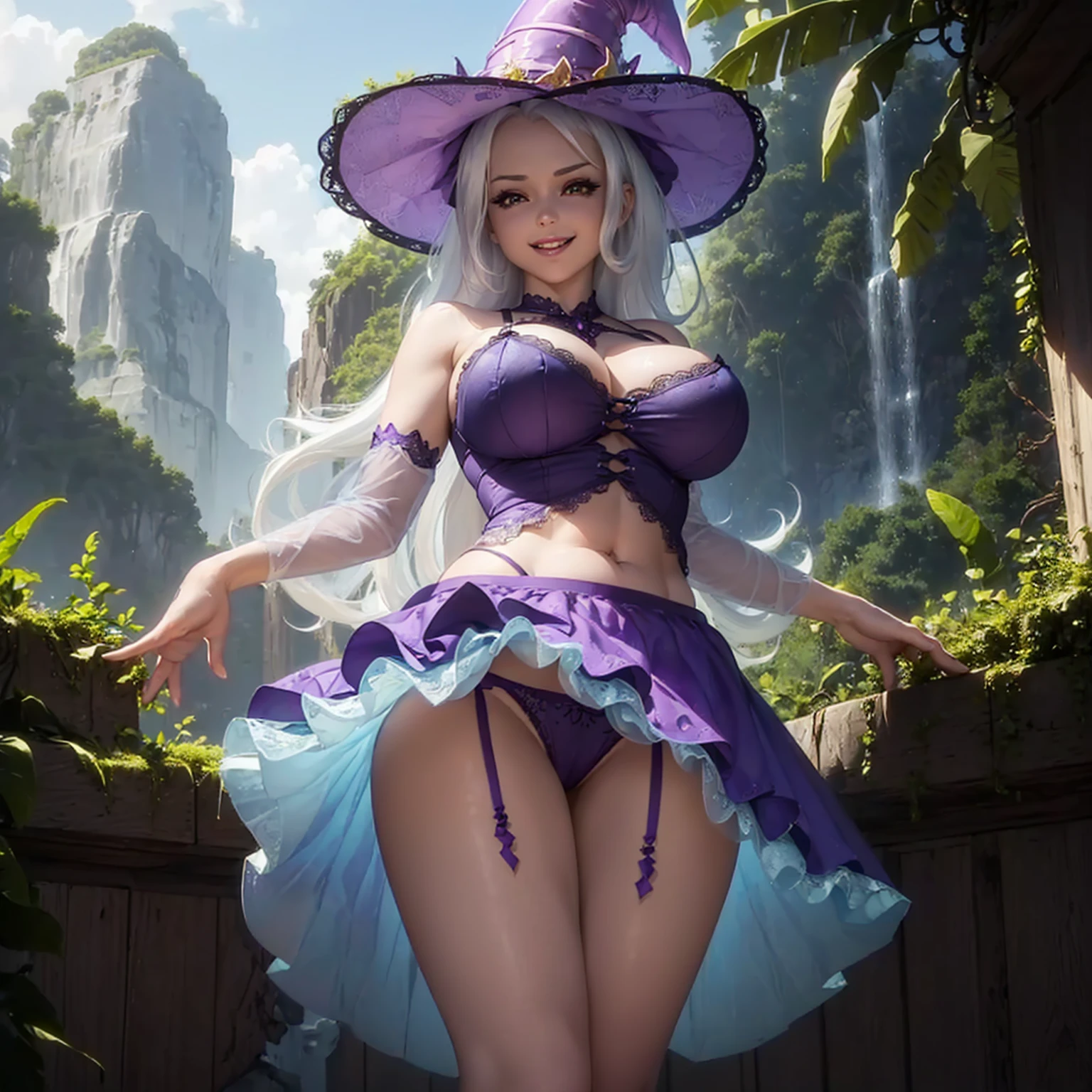 (((beautiful female body))),(((trixie as a sweet charming hot seductive horny model))), (((very long blue white hair))) ,(((stand hold a blue lace skirt with hands)))), (((outdoor))),(((jungle in background))),(((lewd and erotic posing))), (((happy wicked smile))) ,(((wear light purple sheer lace transparent see through very short bra))) , (((((upskirt view))))) , (((witch hat))),breasts are visible , (((wear high heels))) , (((full body))),golden bracelets , (((perfect big breasts))) , lush breasts , Bulky Breasts , voluminous breasts ,(((peeping the viewer))),(((bare belly))),(((side close upskirt view)))