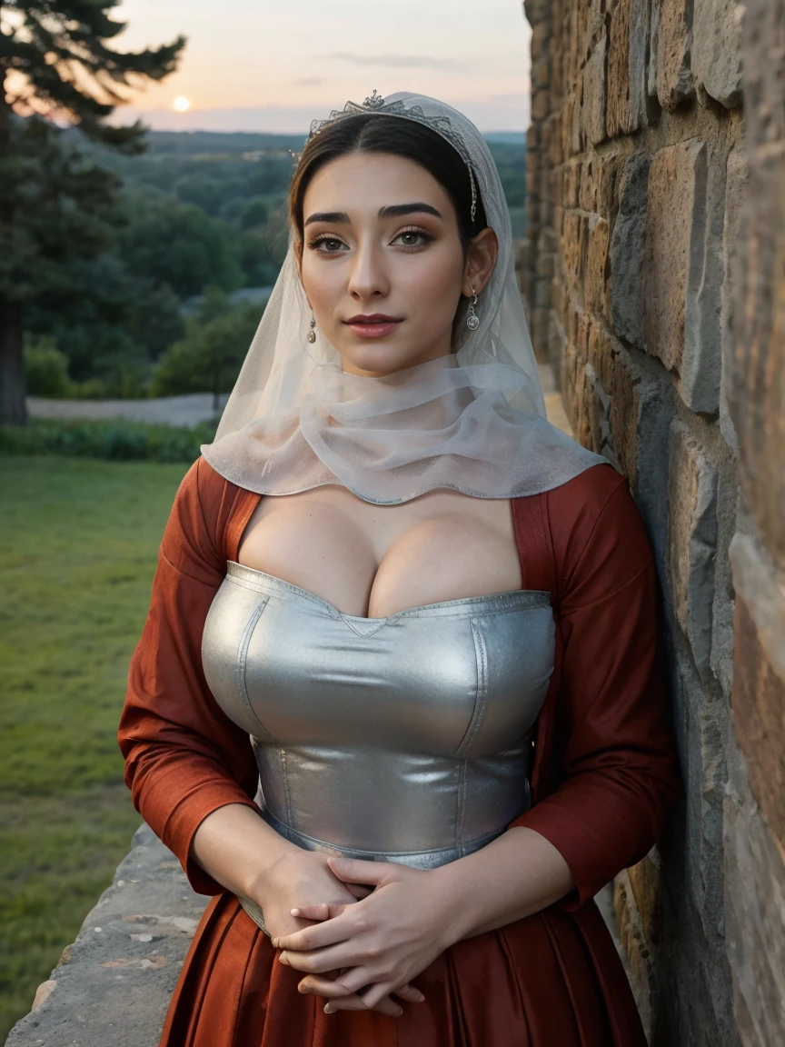 Gorgeous and sultry busty athletic (thin) brunette queen with sharp facial features wearing a modest updo, dark red medieval dress, long sleeves, intricate patterns, scrollwork, wide neck, crown, veil, long dress, modest dress, tight bodice, (silver waist chain), medieval jewelry, Middle Ages, castle, rampart, wall, exterior, on top of a castle wall, trees, countryside, evening, sunset.