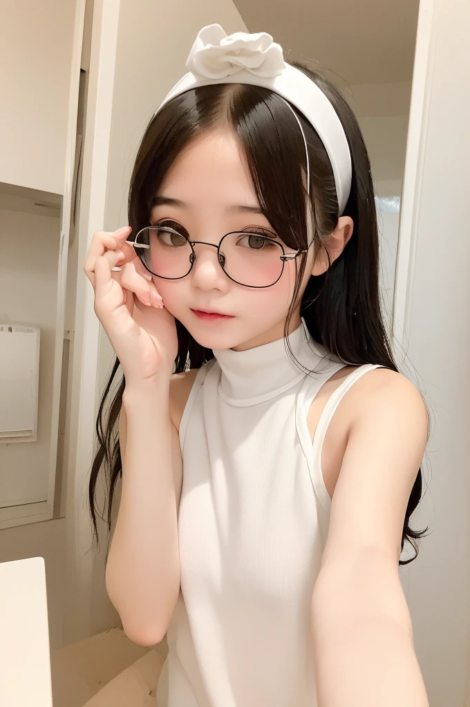 (masterpiece, Highest quality, It captures a very cute moment, Depth of written boundary, Super detailed, Ultra-high resolution, C4D, Octadale, 3D Modeling,Realistic human photos、 8K, 16K, One Girl,Middle school students, 、Small breasts,Black Hair,short hair,Straight Hair,Light brown eyes,White headband,Wearing black glasses,Cute face), Bloomers, Black tank top, zettai ryouiki, Wet clothes,Classroom Nights,Moonlight, Good elevator, Take off、Real-life skin、Not an anime、Realistic、
