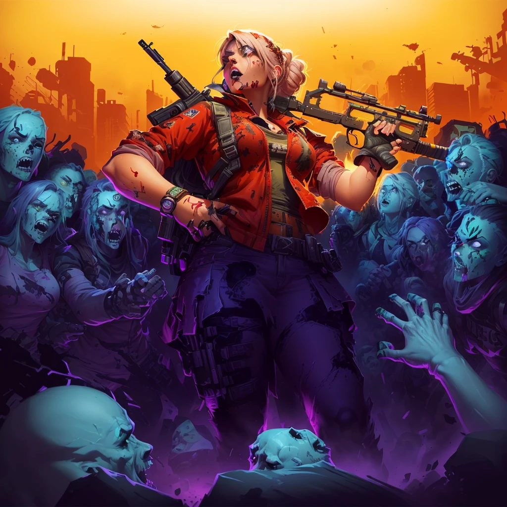 a cartoon image of a woman with a gun and a bunch of zombies, epic digital art illustration, background artwork, horde of zombies, character art the contra, epic video game art, epic full color illustration, epic game portrait, game illustration, epic portrait illustration, game art, detailed game art illustration, mobile game art, desolate with zombies, detailed game art