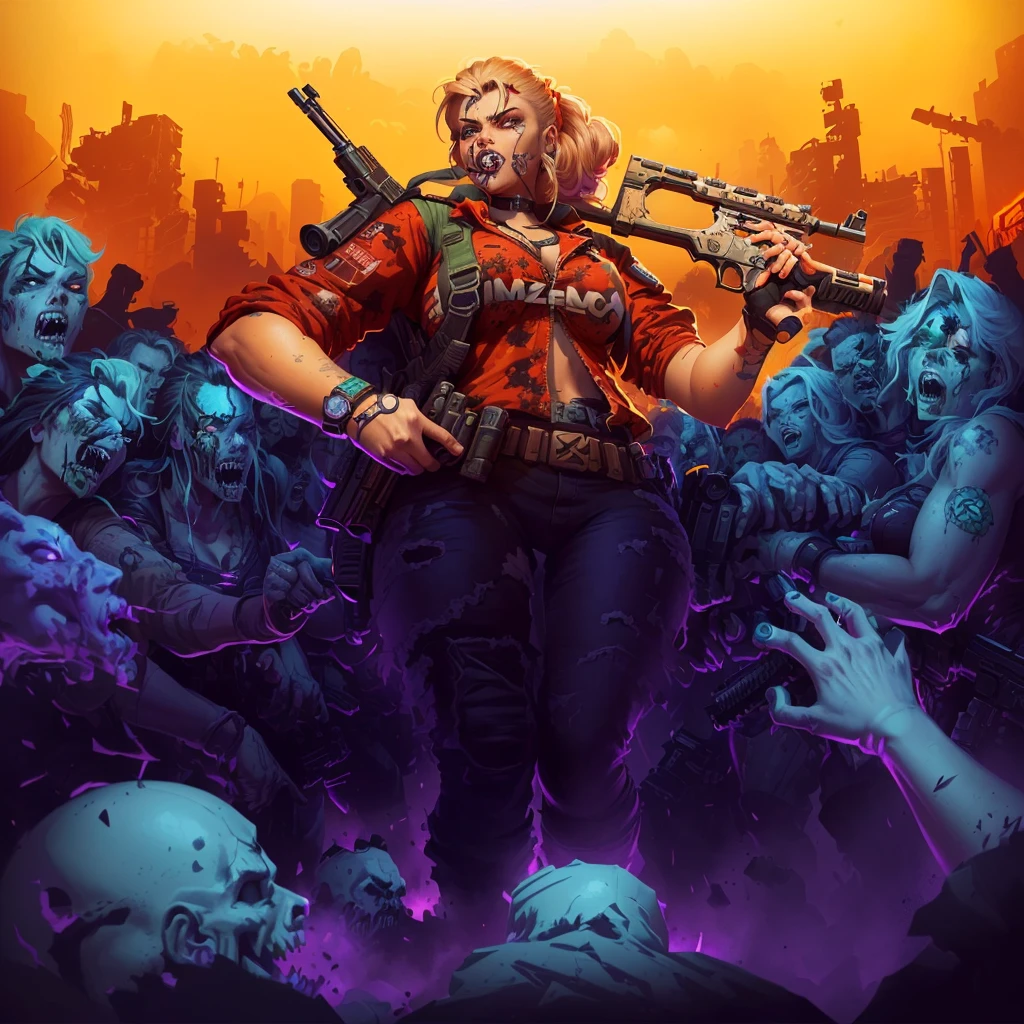 a cartoon image of a woman with a gun and a bunch of zombies, epic digital art illustration, background artwork, horde of zombies, character art the contra, epic video game art, epic full color illustration, epic game portrait, game illustration, epic portrait illustration, game art, detailed game art illustration, mobile game art, desolate with zombies, detailed game art