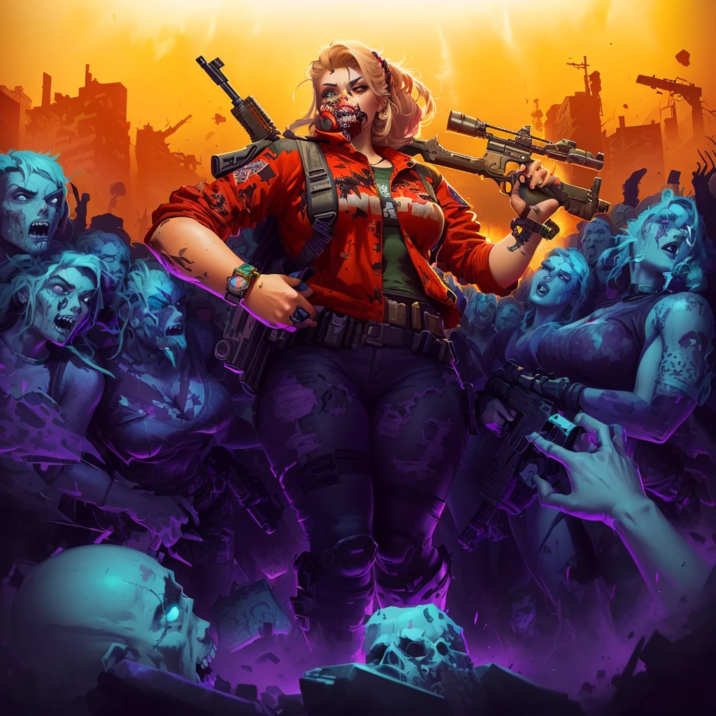 a cartoon image of a woman with a gun and a bunch of zombies, epic digital art illustration, background artwork, horde of zombies, character art the contra, epic video game art, epic full color illustration, epic game portrait, game illustration, epic portrait illustration, game art, detailed game art illustration, mobile game art, desolate with zombies, detailed game art