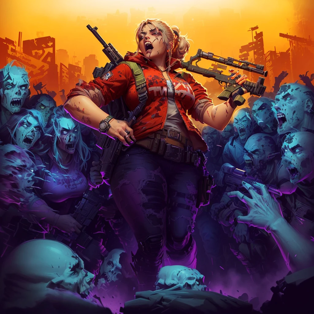 a cartoon image of a woman with a gun and a bunch of zombies, epic digital art illustration, background artwork, horde of zombies, character art the contra, epic video game art, epic full color illustration, epic game portrait, game illustration, epic portrait illustration, game art, detailed game art illustration, mobile game art, desolate with zombies, detailed game art