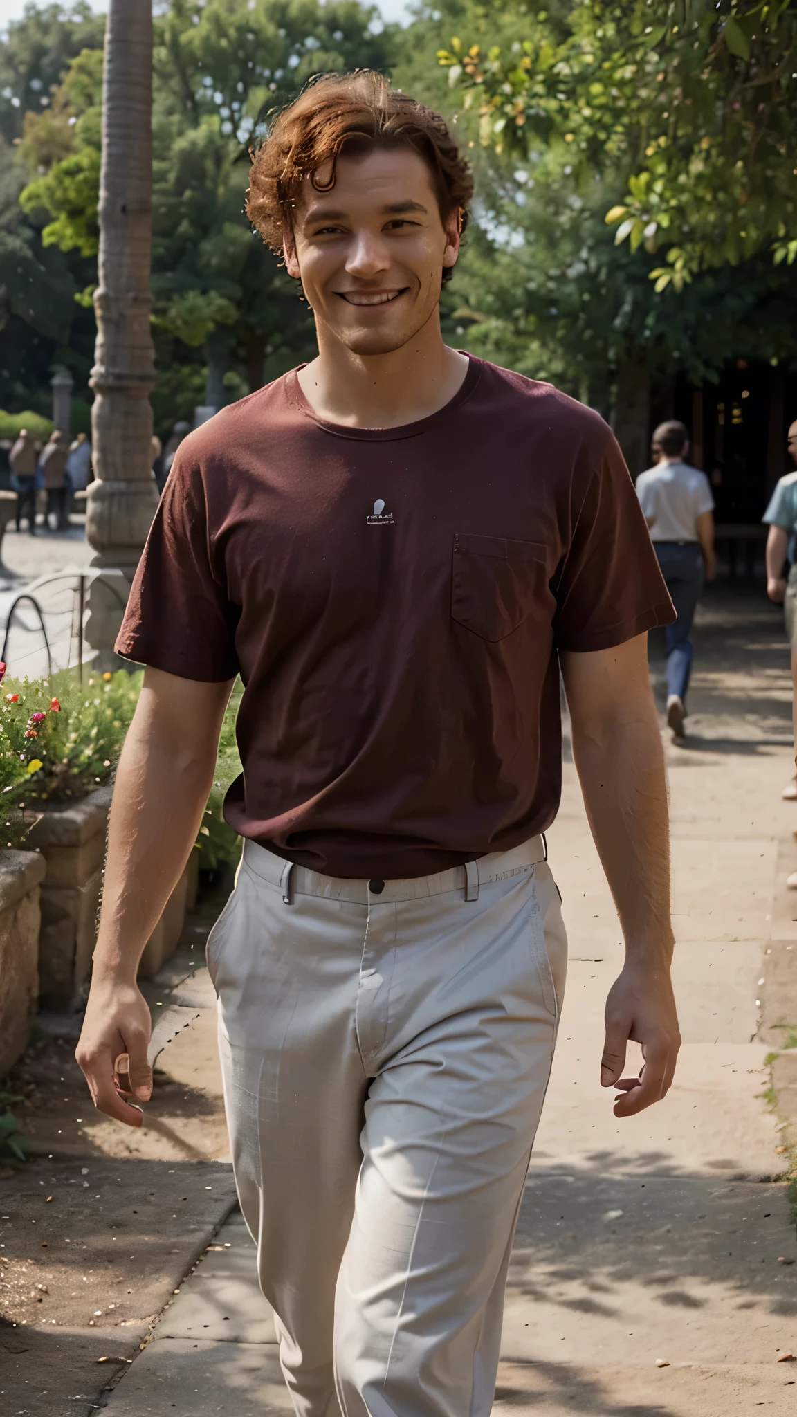 france man, red curly hair, walking in the zoo, wearing shirt and trousers, smile, view in the zoo
