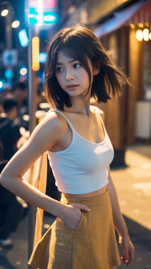 masterpiece、Highest quality、Official Art、Highly Detailed CG Wallpaper in Unity 8K、Tank top、Like a 、Very delicate and beautiful、Ultra-high resolution、（Photorealistic：1.4）、Golden Hour Lighting、（Upper body）、（Platinum Short Hair：1.2）、（Puffy eyes）、Looking at the audience、Facing forward、Detailed face、mini skirt、Walking,Side pussy