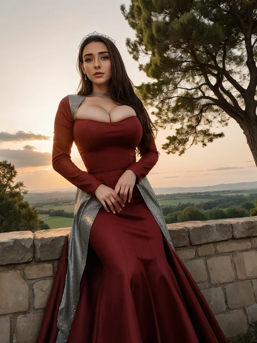Gorgeous and sultry busty athletic (thin) brunette queen with sharp facial features wearing a modest updo, dark red medieval dress, long sleeves, intricate patterns, scrollwork, wide neck, crown, veil, long dress, modest dress, tight bodice, (silver waist chain), medieval jewelry, Middle Ages, castle, rampart, wall, exterior, on top of a castle wall, trees, countryside, evening, sunset.